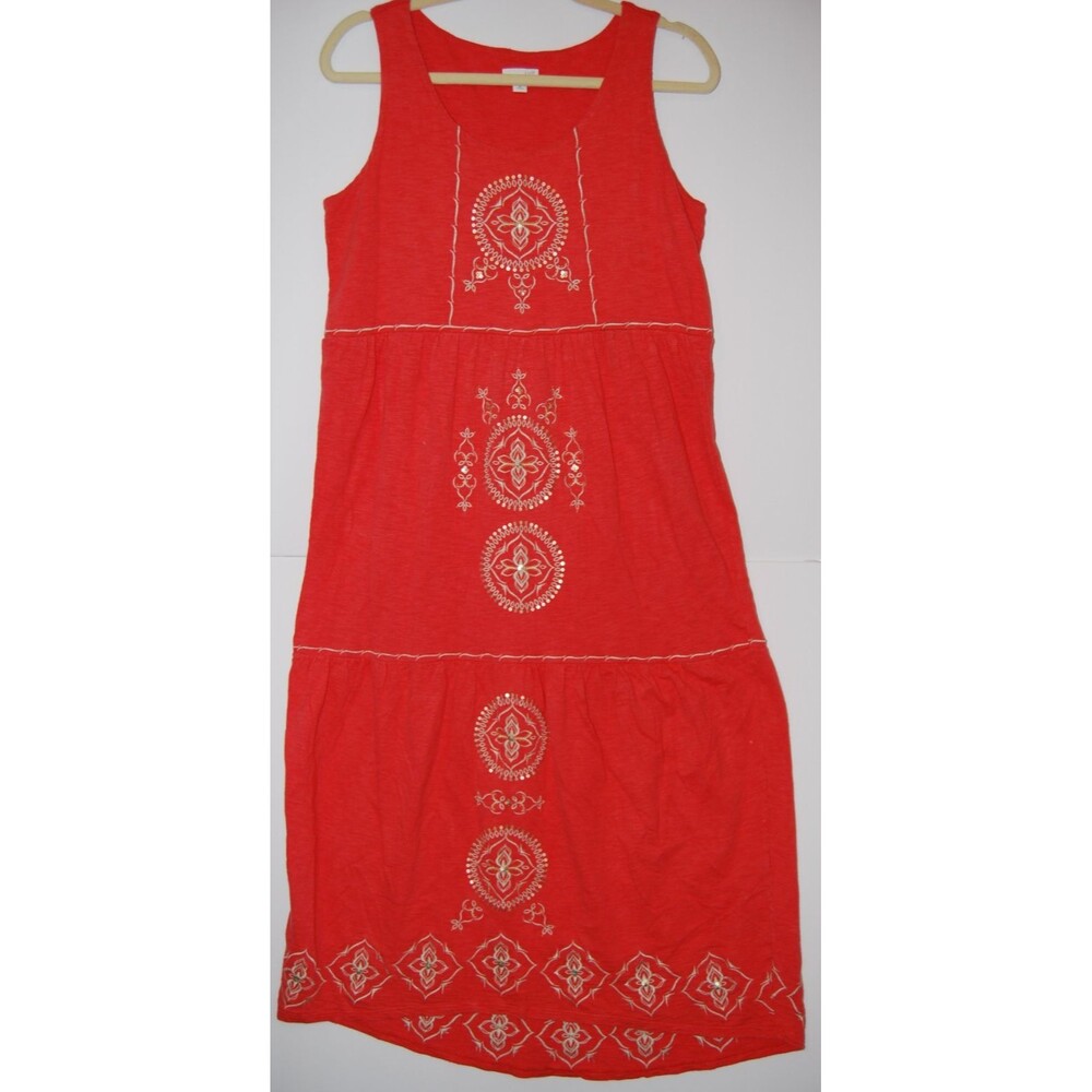 J Jill Sleeveless Tiered Maxi Dress Coral Sequin Floral Embroidered Medium Petit